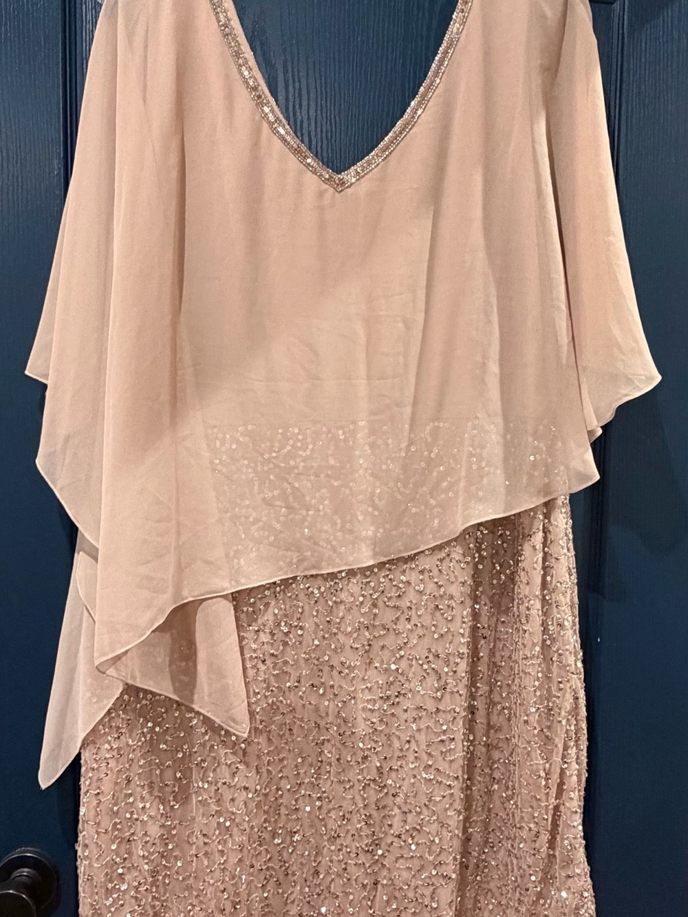 J Kara Blush Pink Asymmetrical Sequin Overlay Evening Dress